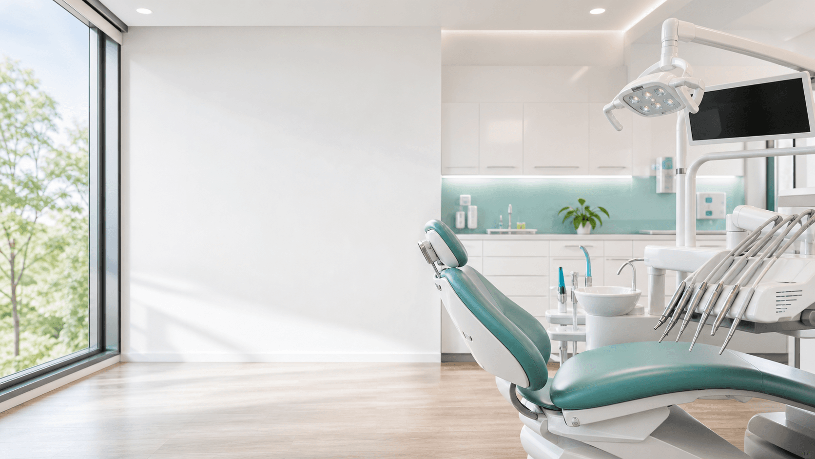 Consultorio dental moderno con sillón teal y luz natural